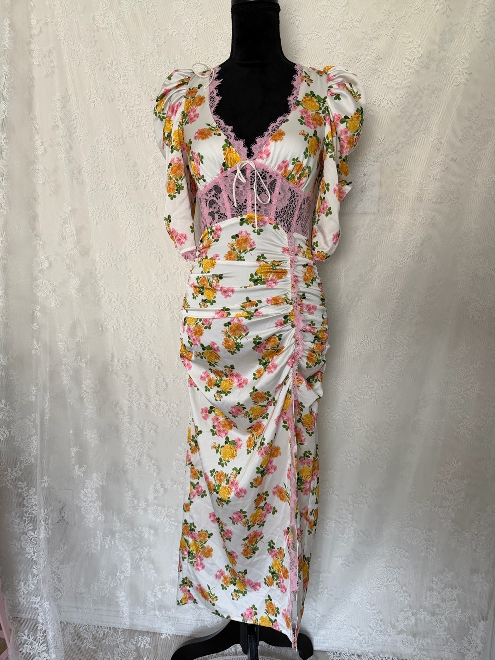 For Love & Lemons Pink Lace Trim Floral Slip Dress